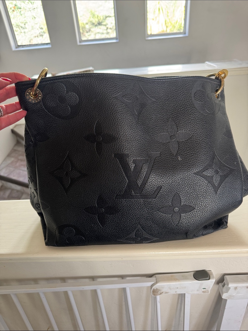 Black Monogram-Embossed Shoulder Bag with Gold Rings